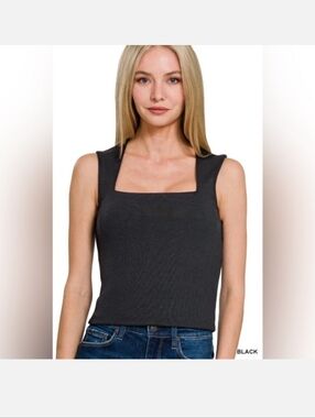 Women's Zenana Black Square Neck Ribbed Tank Top Size Medium